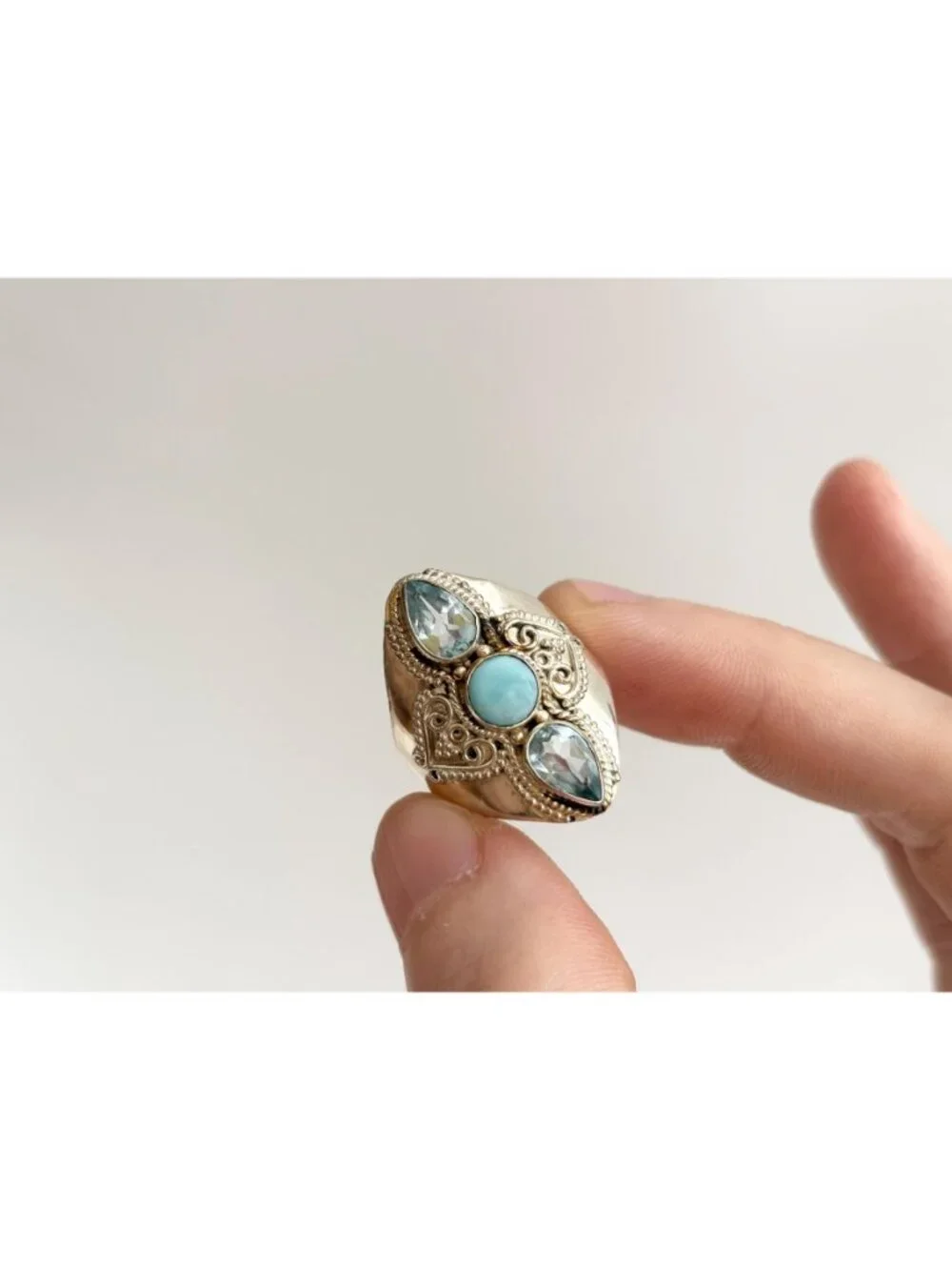 Larimar & Blue Topaz Gemstone Indian Sterling Silver 925 Vintage Ring - sz 9